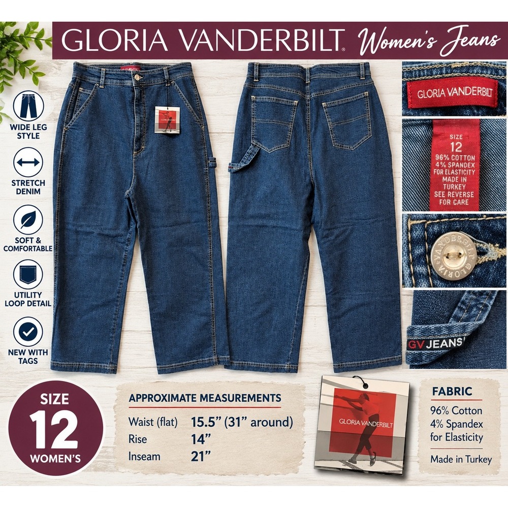 Gloria Vanderbilt Womens 12 Wide Leg Utility Carpenter Jeans Dark Wash Stretch